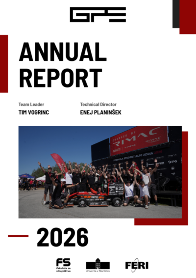 UNI Maribor Grand Prix Engineering GPE26 Annual Report 2026, showcasing the team's Formula Student electric race car development and engineering achievements.